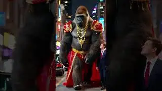 Generate a video showing a colossal, furry gorilla, resplendent in a red and gol (Hide)