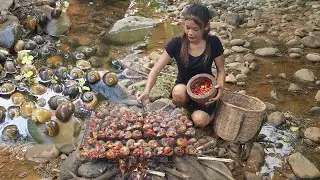 Cooking River Snail with hot chili by grilling & Yummy Delicious for jungle food