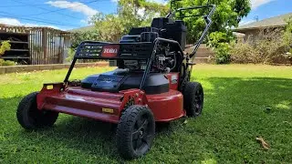 Elderly woman with overgrown lawn. mowed for free with the Toro Turfmaster HDX and Stihl 91r.