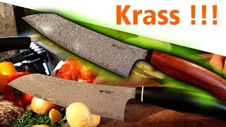 Die besten Damast K&uuml;chenmesser unter 200,-&euro; | Schmiedeglut Essential Santoku, Brotmesser, Kneipchen
