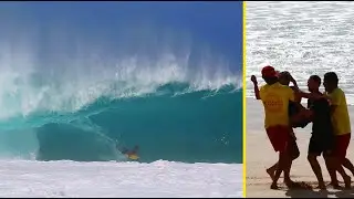 BIG Barrels & Rescues @ Pipeline: Mike Stewart, Guilherme Tamega, Andre Botha & More #bodyboarding