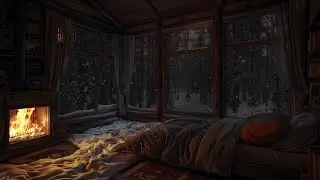 Deep Sleep in Cozy Cabin Space | Snowstorm Outside, Gentle Firelight and Soft Comfortable Bed