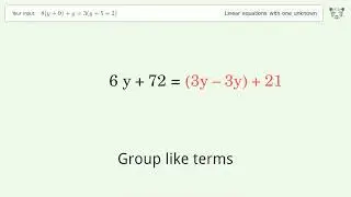 Linear equation with one unknown: Solve 8(y+9)+y=3(y+5+2) step-by-step solution