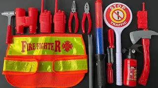 firefighting tools,fire extinguisher, hammer, walkie talkie, telescope, screw tool, axe