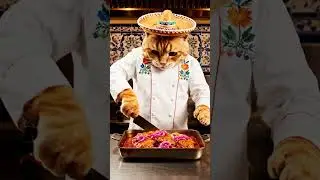Cooking cat prepares savory dish with onions just now in vibrant kitchen setting