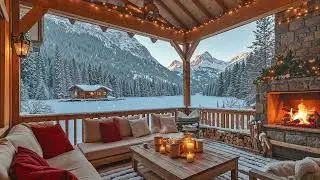 Winter Jazz Porch Ambience ❄️ Cozy Fireplace, Snowy Lake View & Smooth Jazz Music