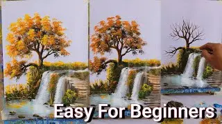 009 - Easy Acrylic Painting | Autumn Tree Under Sunshine by Waterfall | TreeFlow Art