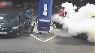 Gas pump worker douses cigarette and stubborn smoker with fire extinguisher