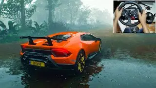 Forza Horizon 5 4k gameplay Lamborghini Huracan realistic offroading heavy rain - Logitech G29
