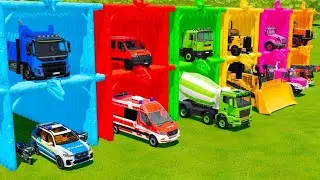 TRANSPORTING EXCAVATOR, MIXER TRUCK, BULLDOZER, POLICE CARS TO GARAGE WITH MAN TRUCK   FS22 #0001004