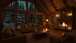 Cozy Winter Night in a Snowy Cabin | Smooth Jazz Music with Warm Fireplace Ambience