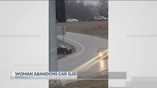 Woman jumps from car sliding on ice