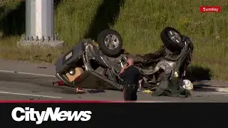 Man dies after hitting overhead road sign following crash on Calgary's Stoney&nbsp;Trail