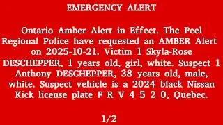 Canada Alert Ready - AMBER ALERT Issued by Peel Regional Police in Brampton, Ontario
