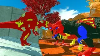 EMBER GAUNTLET FLASH SPINOSAURUS vs T-REX BATMAN and T-REX SHAZAM - Animal Revolt Battle Simulator