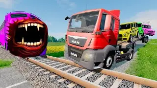 Flatbed Trailer Truck Potholes Transport Car Rescue - Cars vs Deep Water - BeamNG.drive #300