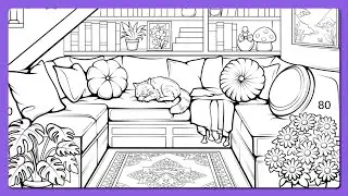 Color by Number Cozy Living Room Cat Nap & Staircase Color Oasis App Color by Number #coloringbook