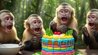 4 बंदरों ने जंगल में बनाया केक 😲🎂 | Monkey Village Cooking