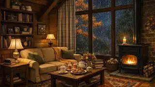 Cozy Rainy Night Ambience 🌧️ Fireplace Stove, Gentle Piano & Rain Sounds | Relax, Study, Sleep 