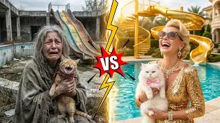Poor Granny & Kitten Build a Water Slide at Home — But the Rich Granny Ruins It! 😱