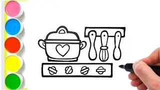 kitchen set drawing , colouring for kids|| How to draw kitchen set, step by step 