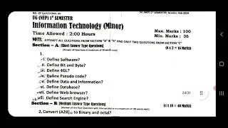 Information Technology (Major and Minor) | UG 1st Semester NEP University of Kashmir | Guess Paper 📃