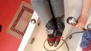 Wetlook - Aurora in bathtub with jeans, t-shirt and Adidas