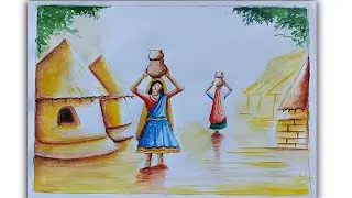 Indian village scenery drawing with watercolour 
