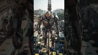 A giant robot walking in the streets #DreamScreenAI #giantrobot