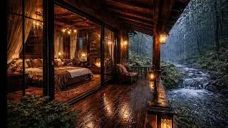 Dark Forest Luxury Bedroom ASMR🌙 | Heavy Rain & Flowing River | 3+ Hours of Cozy Night Ambience