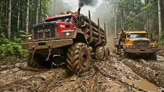 MEGA LOGGING TRUCKS: Extreme Off-Road Hauling Through Deep Mud!