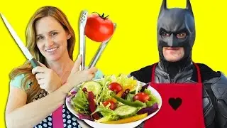 Batman and Amy Jo Cooking Show Challenge | Let's Make a Salad Superhero Style