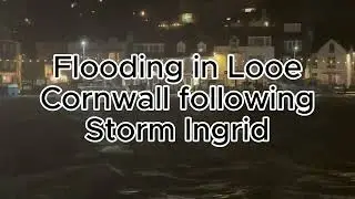 Flooding at Looe Cornwall Storm Ingrid at night high tide