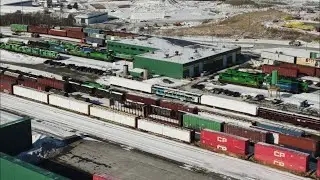 4K Aerial View of NBSR's Ponderosa Yard - West Saint John, NB - New Engines!