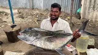 $106 - Rs. 8000 Giant Black Trevally Fish Cutting in Kasimedu Fish Market