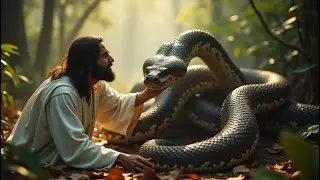 Jesus Christ rescuing a massive snake from a hunter's metal trap