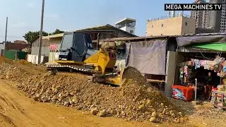 Processing Filling Foundation Making Road, By Bulldozer KOMATSU D41P, Dump Truck Delivery Rock Stone