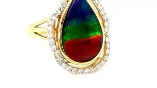 Lovely Pear Shaped AAA Quality Ammolite with Diamond Ring Set in 14 Karat Yellow Gold