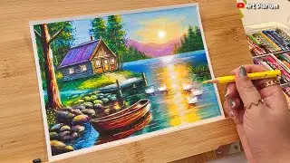 Morning Lake Scenery with Oil Pastel - Step by step