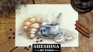How to draw a сup of coffee and croissants with soft pastels 🎨 Food Illustration