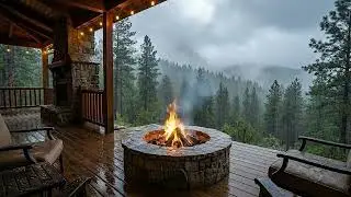 1 Hour Heavy Rain at a Cabin Porch | Fireplace Pit & Pine Forest (No Music)