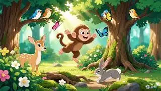 A cute and colorful cartoon scene  A small, happy monkey joyf