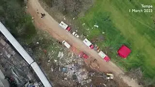 Drone video of Greece train collision wreckage daytime