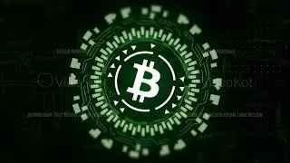 Green circular hologram rotating bitcoin sign in center