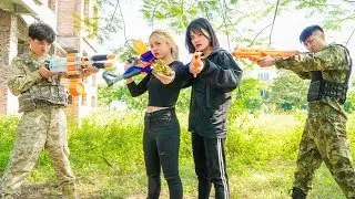 Nerf War: Couple Girl Nerf Guns Robber Group Protect Golden Dragon Treasure Battle