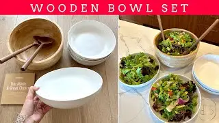 Rustic Elegance: Wooden Bowl Set with Ceramic Serving Bowls for Pasta and Salad