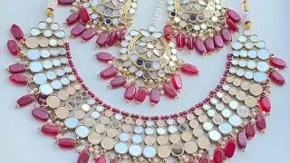 Mirror Seesha Pearl Choker Necklace Tika Set with earrings designs for wedding wear ideas