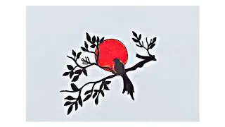 Bird on Branch with Red Sun | Easy Drawing TutorialSunset Bird Drawing | Simple & Beautiful Art