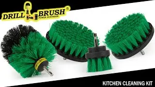 Clean and Scrub Kitchen counters, stove, sink, and floors with green DRILLBRUSH POWER SCRUBBERS