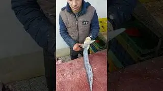Cleaning the barracuda fish on the workbench with a sharp knife